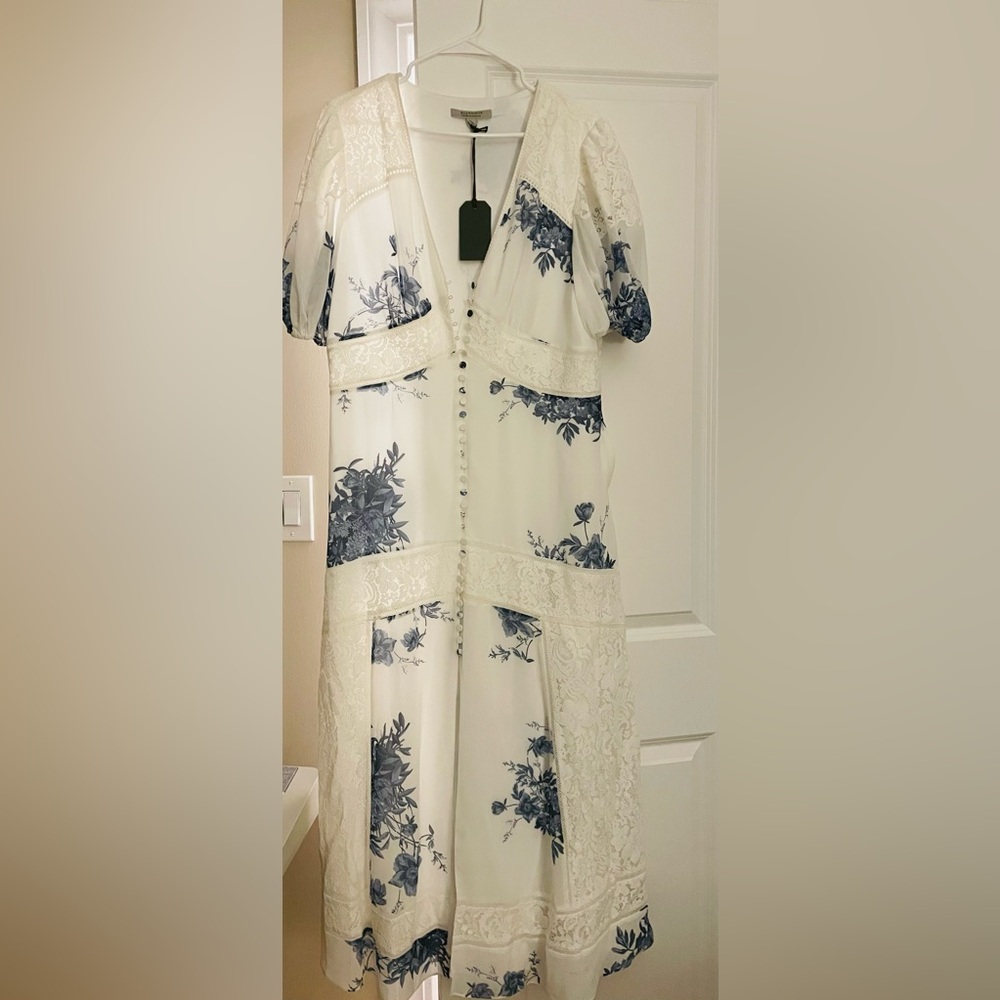 All Saints White and Blue Floral and Lace Maxi Wedding Rehearsal Dress